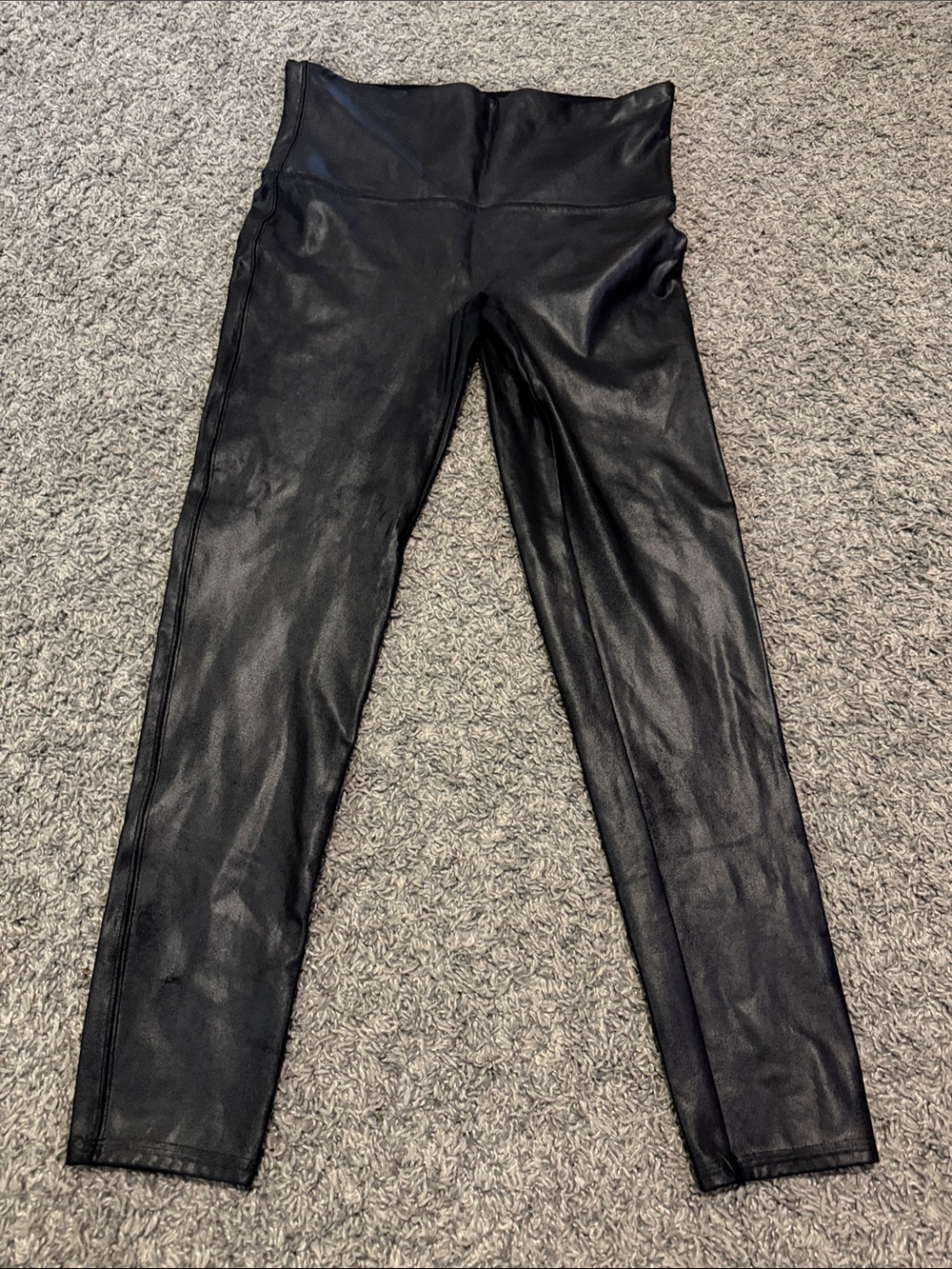 SPANX Black Faux Leather Leggings with Red Logo Tag